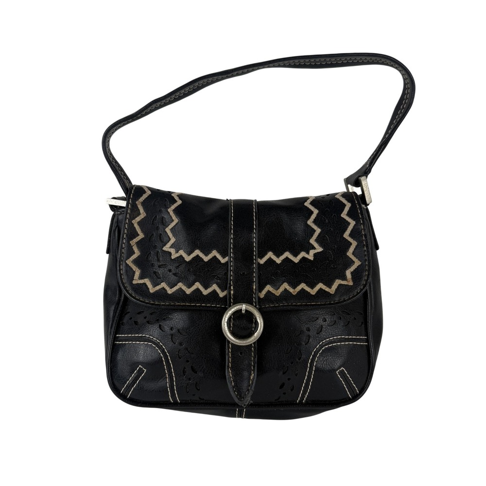 VTG Liz Claiborne Shoulder Bag Womens Black‎ Faux Leather Flap Ring Buckle Purse